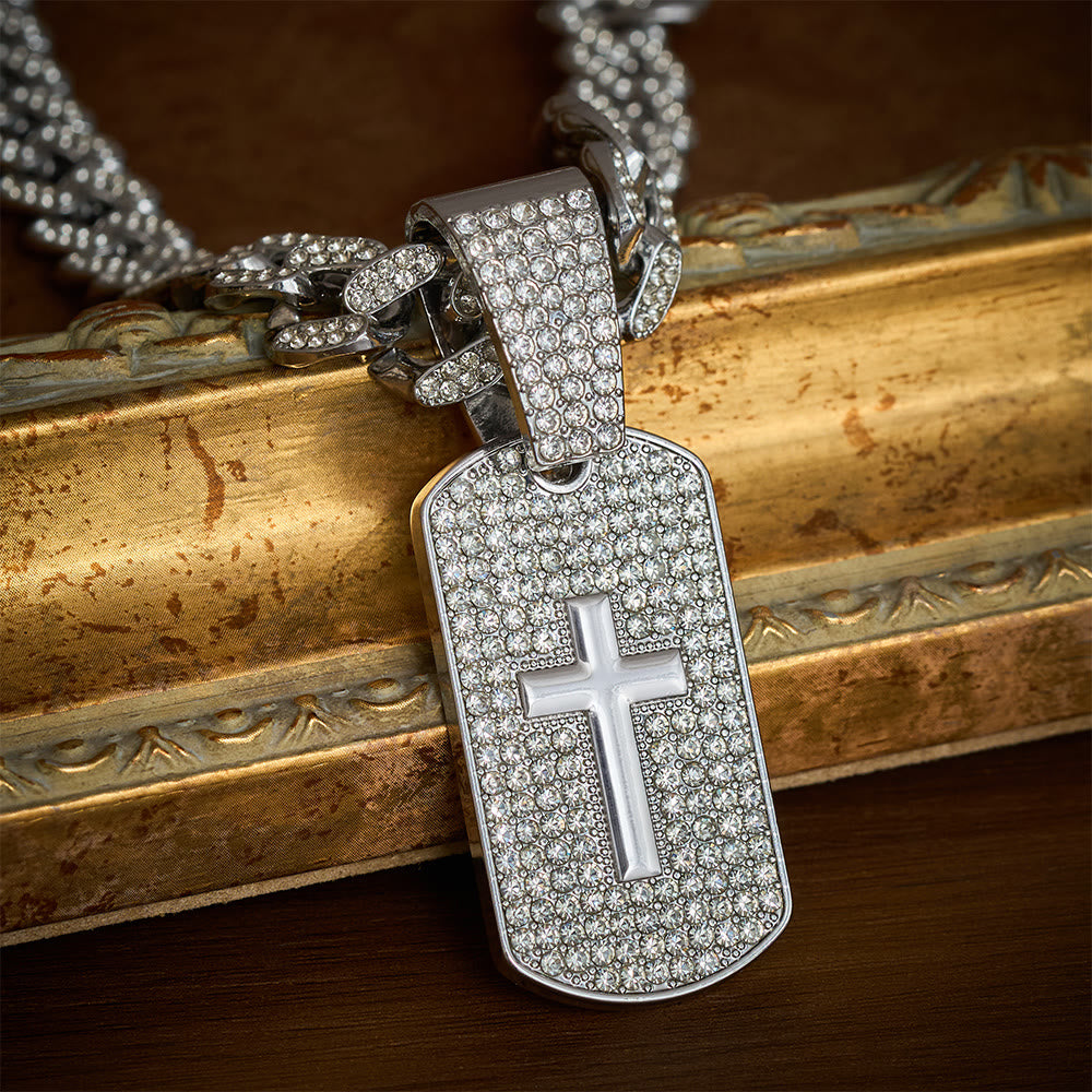 SolaceBeads Iced Cross Dog Tag Necklace, Faith‑Themed Pendant With Cuban Chain - Silver - image 0