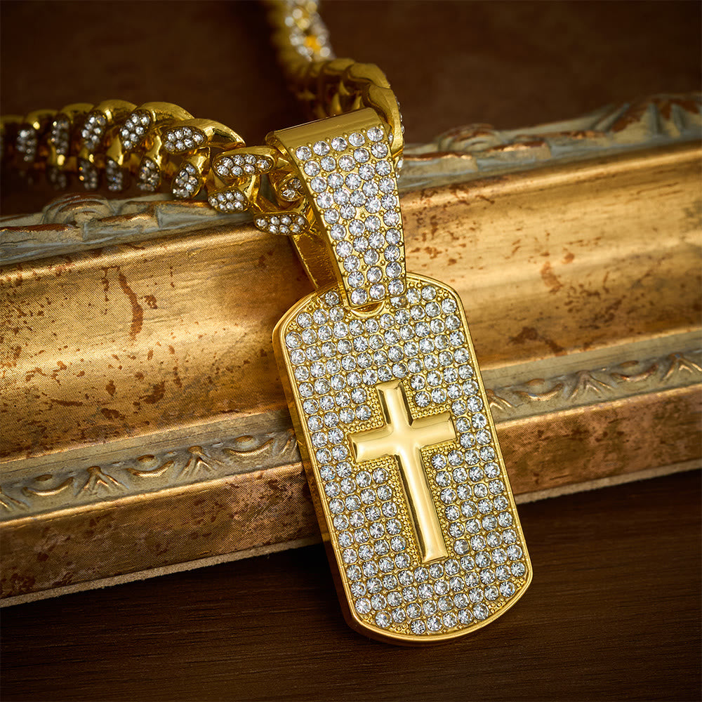 SolaceBeads Iced Cross Dog Tag Necklace, Faith‑Themed Pendant With Cuban Chain - Gold - image 1