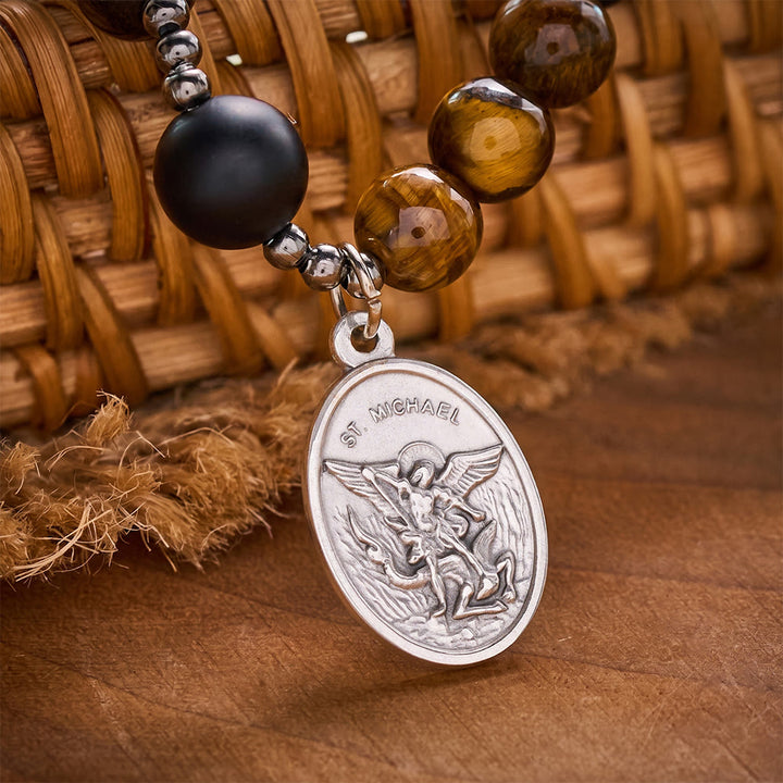 SolaceBeads Natural Tiger Eye &amp; Matte Black Onyx Rosary Bracelet: Archangel&
