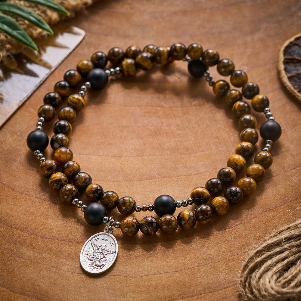 SolaceBeads Natural Tiger Eye & Matte Black Onyx Rosary Bracelet: Archangel's Heavenly Protection - Yellow Tiger Eye - image 0
