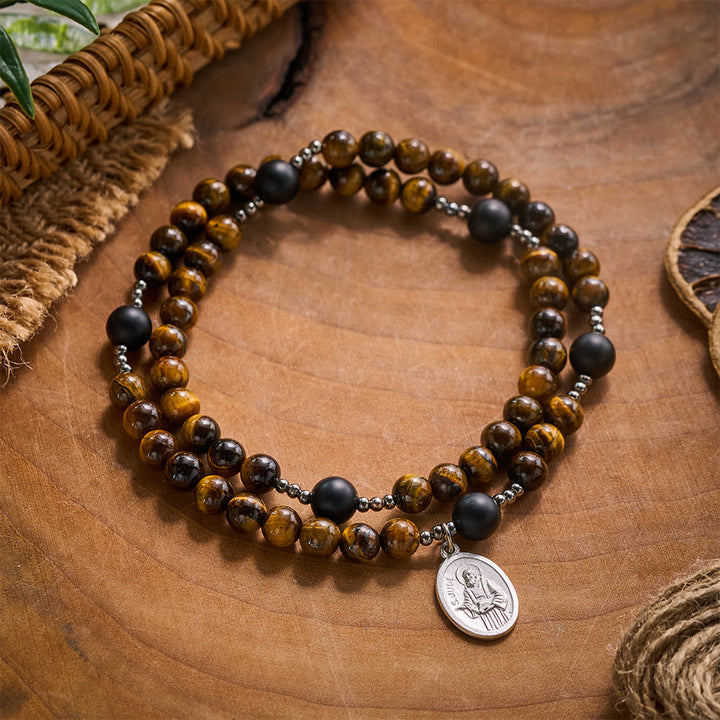 SolaceBeads Natural Tiger Eye &amp; Matte Black Onyx Rosary Bracelet: Archangel&