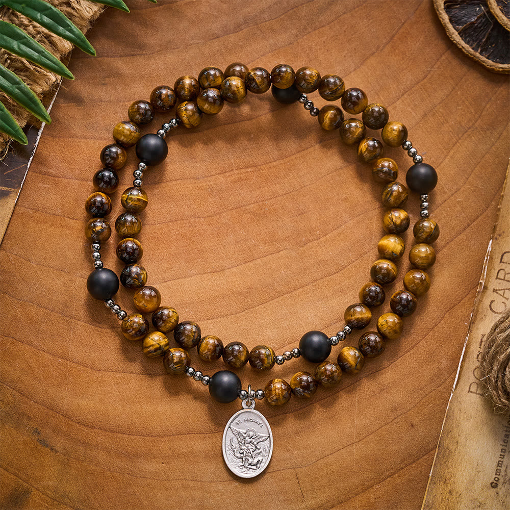SolaceBeads Natural Tiger Eye &amp; Matte Black Onyx Rosary Bracelet: Archangel&