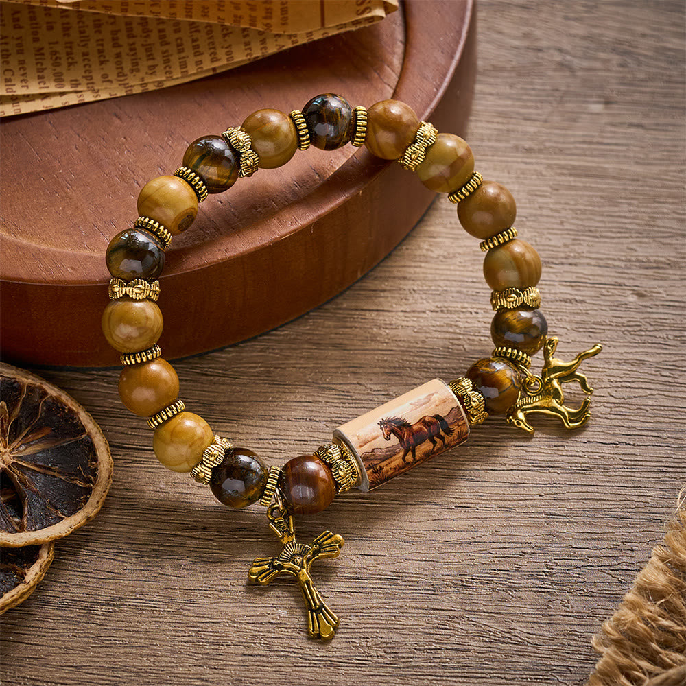 SolaceBeads Western Horse Bracelet, Courage‑Guard Themed Beaded Bracelet For Daily Wear - Picture Jasper &amp; Tiger&