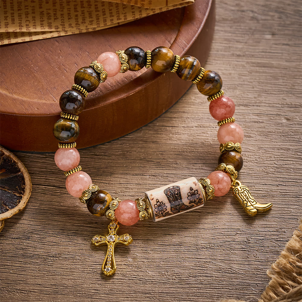 SolaceBeads Western Courage Beaded Bracelet, Horse‑Themed Mixed Natural Stone Jewelry - Rose Quartz - image 1