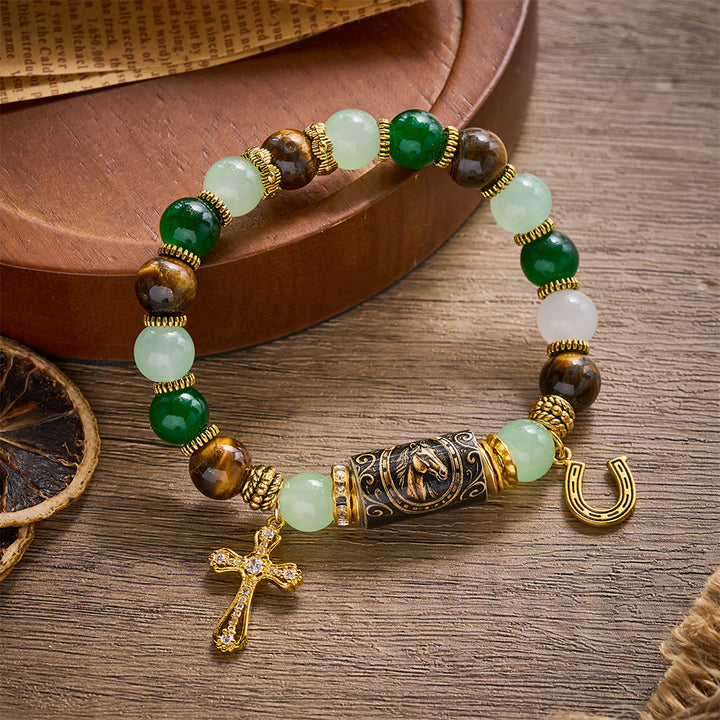SolaceBeads Western Courage Beaded Bracelet, Horse‑Themed Mixed Natural Stone Jewelry - Green Agate - image 0