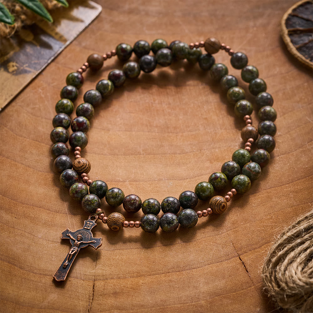 SolaceBeads Dragon Blood Rosary Bracelet With St.Benedict Crucifix: Earth‑Rooted Devotion - Dragon Blood Stone - image 0