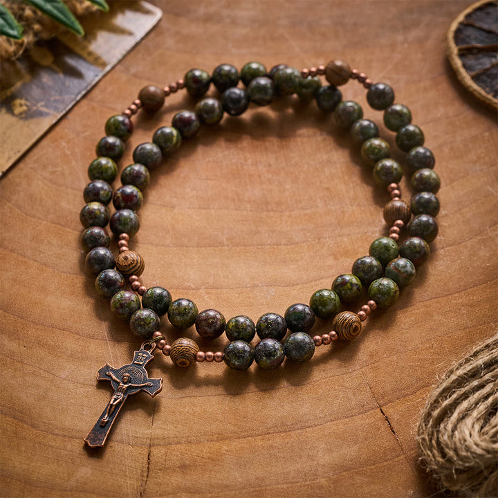 SolaceBeads Dragon Blood Rosary Bracelet With St.Benedict Crucifix: Earth‑Rooted Devotion - Dragon Blood Stone - image 0