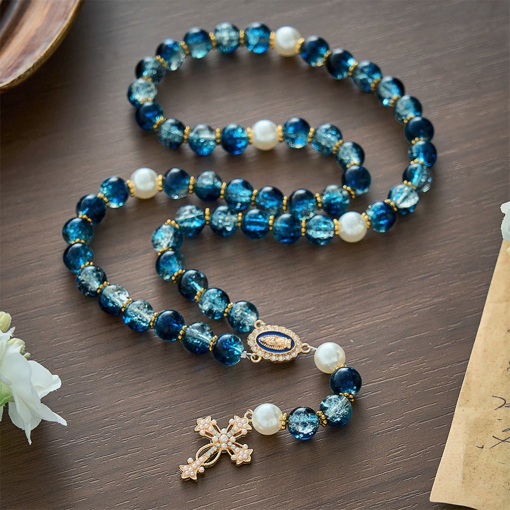 SolaceBeads Gradient Ocean Crackle Glass Rosary & Pearl Embedded Cross: Rooted in Guadalupe Faith - Blue - image 0