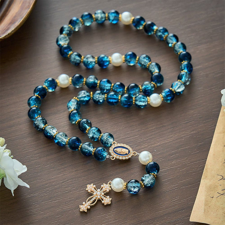 SolaceBeads Gradient Ocean Crackle Glass Rosary &amp; Pearl Embedded Cross: Rooted in Guadalupe Faith - Blue - image 0