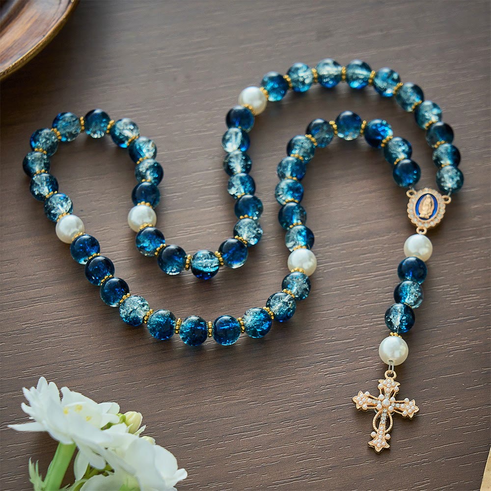 SolaceBeads Gradient Ocean Crackle Glass Rosary &amp; Pearl Embedded Cross: Rooted in Guadalupe Faith - image 9