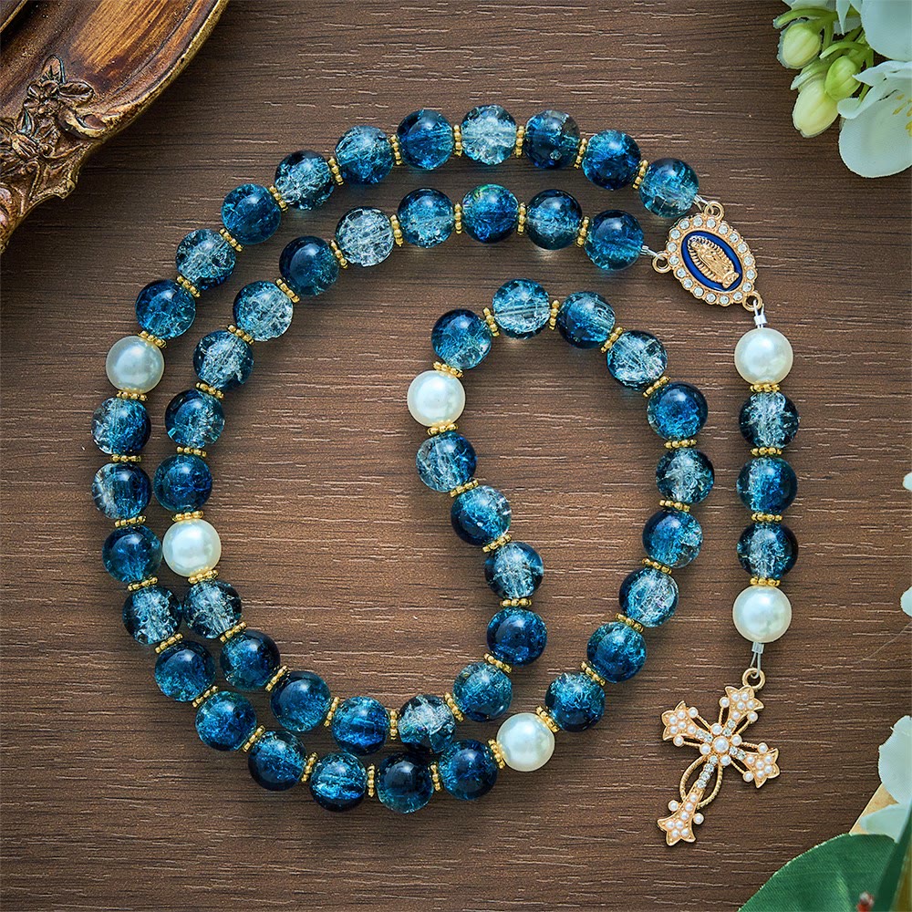 SolaceBeads Gradient Ocean Crackle Glass Rosary &amp; Pearl Embedded Cross: Rooted in Guadalupe Faith - image 2