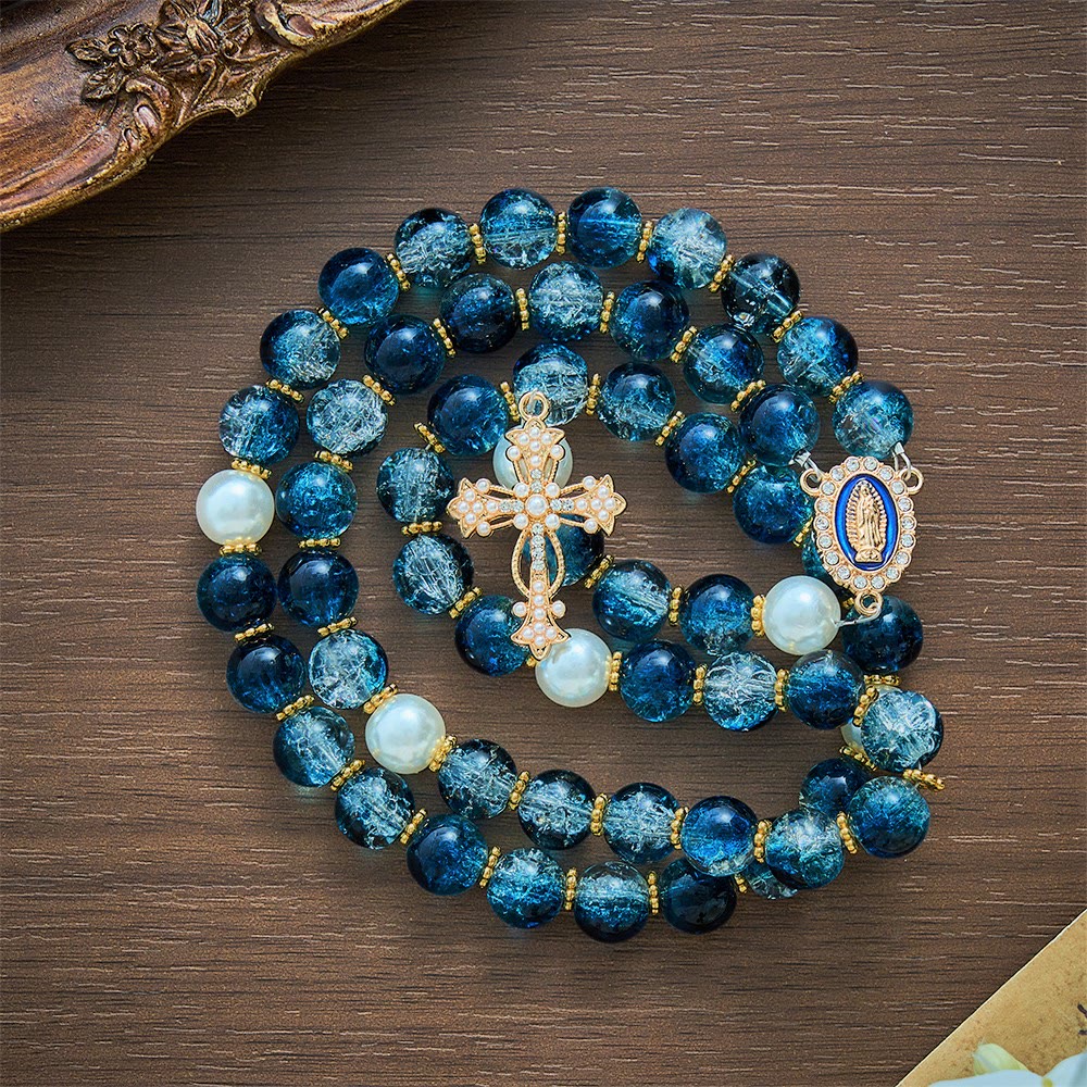SolaceBeads Gradient Ocean Crackle Glass Rosary &amp; Pearl Embedded Cross: Rooted in Guadalupe Faith - image 4