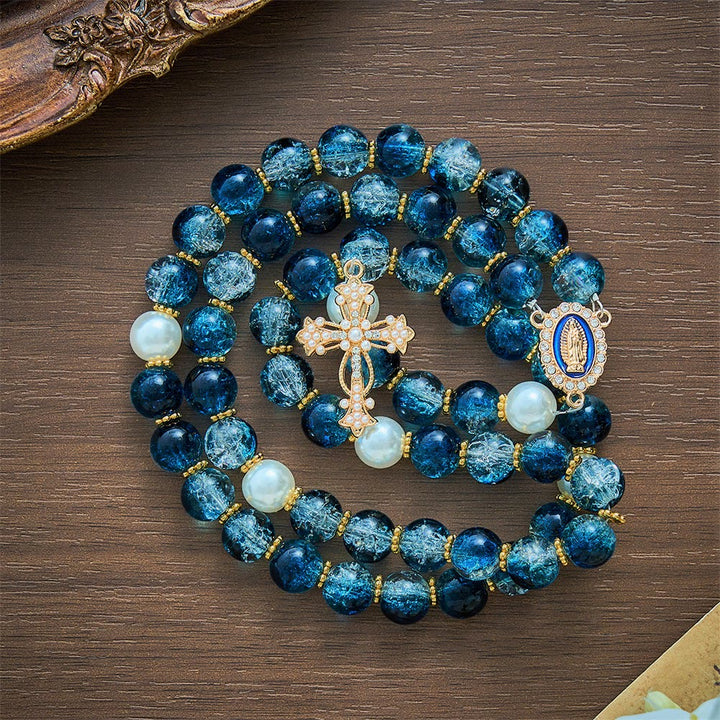 SolaceBeads Gradient Ocean Crackle Glass Rosary &amp; Pearl Embedded Cross: Rooted in Guadalupe Faith - image 4