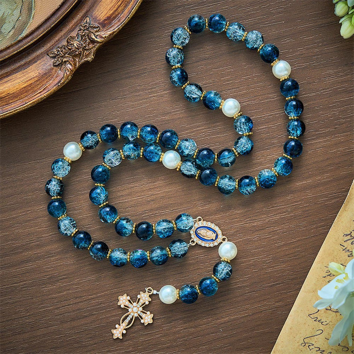 SolaceBeads Gradient Ocean Crackle Glass Rosary &amp; Pearl Embedded Cross: Rooted in Guadalupe Faith - image 8
