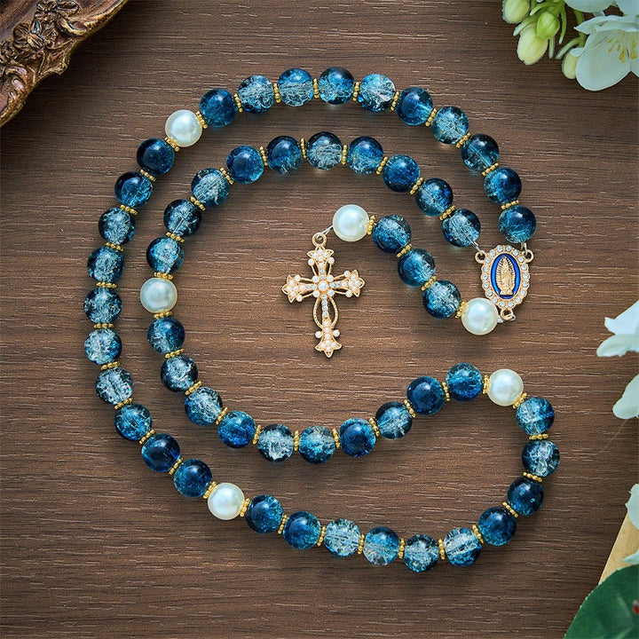 SolaceBeads Gradient Ocean Crackle Glass Rosary &amp; Pearl Embedded Cross: Rooted in Guadalupe Faith - image 3