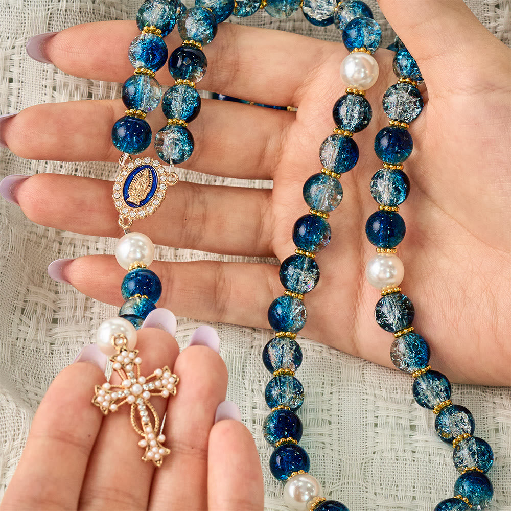 SolaceBeads Gradient Ocean Crackle Glass Rosary &amp; Pearl Embedded Cross: Rooted in Guadalupe Faith - image 1