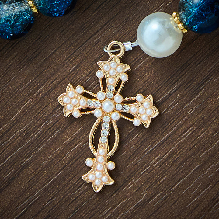 SolaceBeads Gradient Ocean Crackle Glass Rosary &amp; Pearl Embedded Cross: Rooted in Guadalupe Faith - image 7
