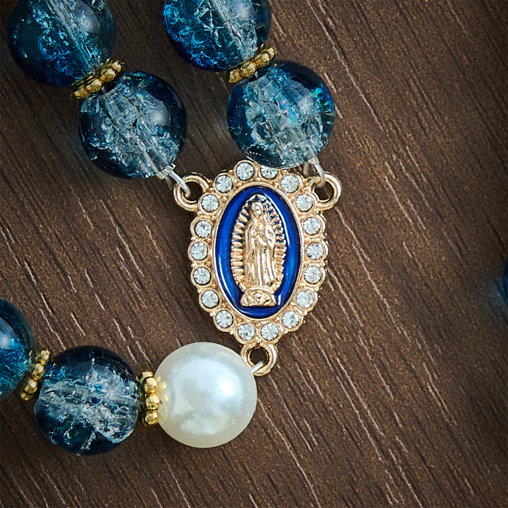 SolaceBeads Gradient Ocean Crackle Glass Rosary &amp; Pearl Embedded Cross: Rooted in Guadalupe Faith - image 6
