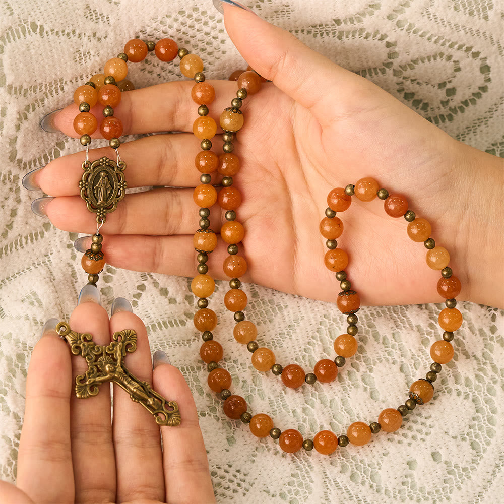 SolaceBeads Red Aventurine Stone Rosary With Miraculous Medal &amp; Crucifix: Warm Grace of Autumn - image 1