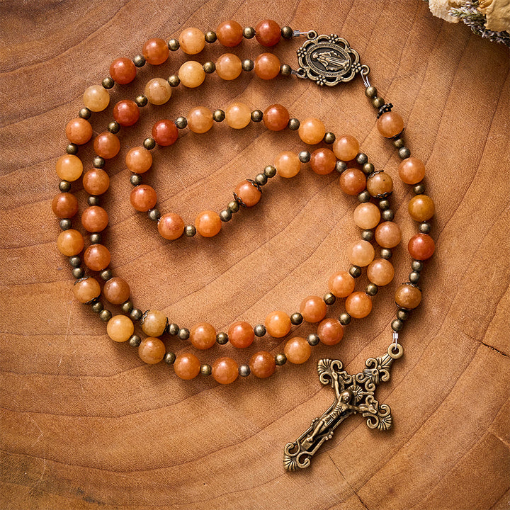 SolaceBeads Red Aventurine Stone Rosary With Miraculous Medal &amp; Crucifix: Warm Grace of Autumn - Red Aventurine - image 0