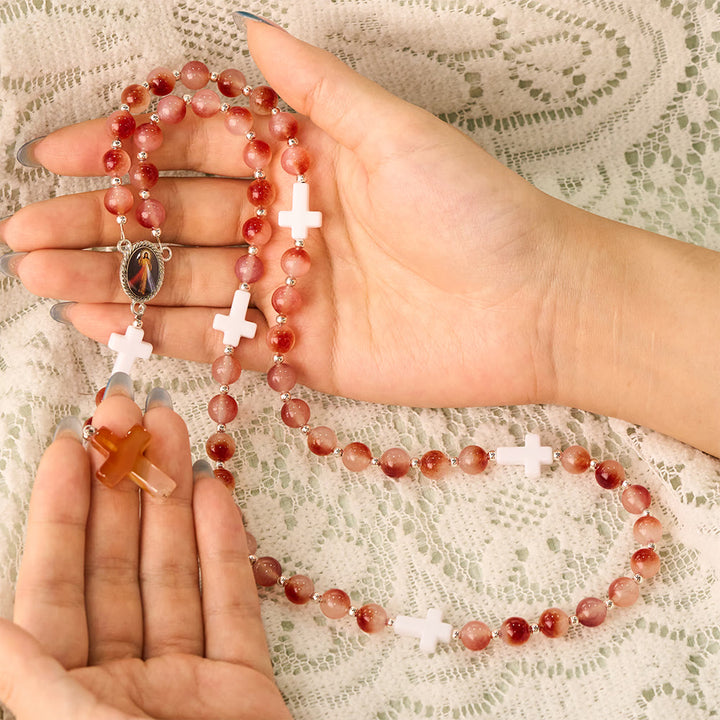 SolaceBeads Carnelian Stone Rosary With Divine Mercy Medal &amp; Agate Cross: Gentle Autumn Devotion - image 1