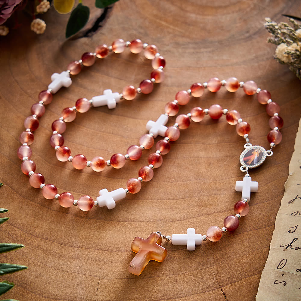 SolaceBeads Carnelian Stone Rosary With Divine Mercy Medal &amp; Agate Cross: Gentle Autumn Devotion - image 9