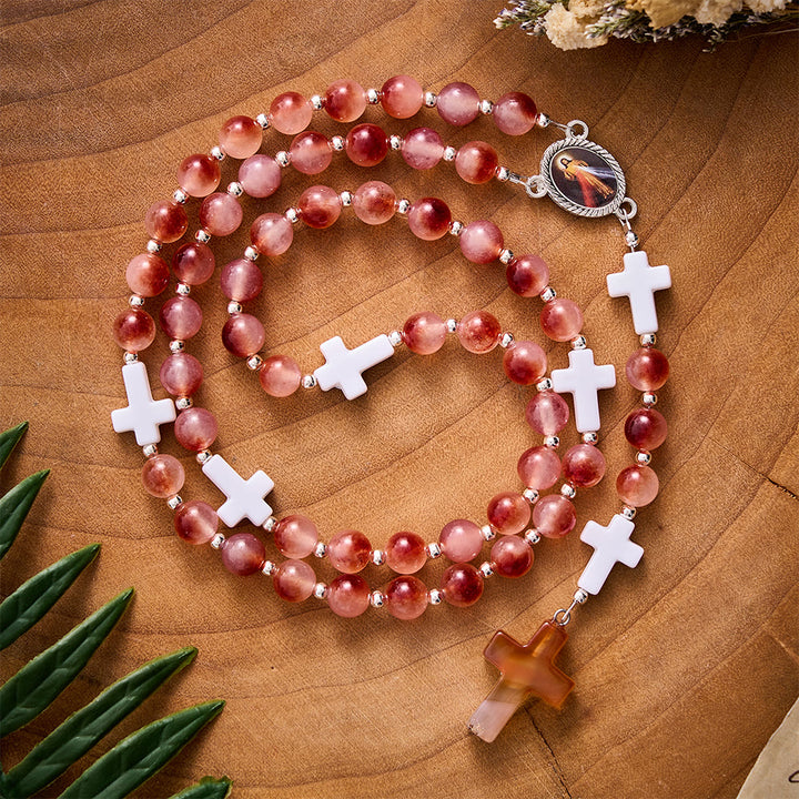 SolaceBeads Carnelian Stone Rosary With Divine Mercy Medal &amp; Agate Cross: Gentle Autumn Devotion - Carnelian - image 0