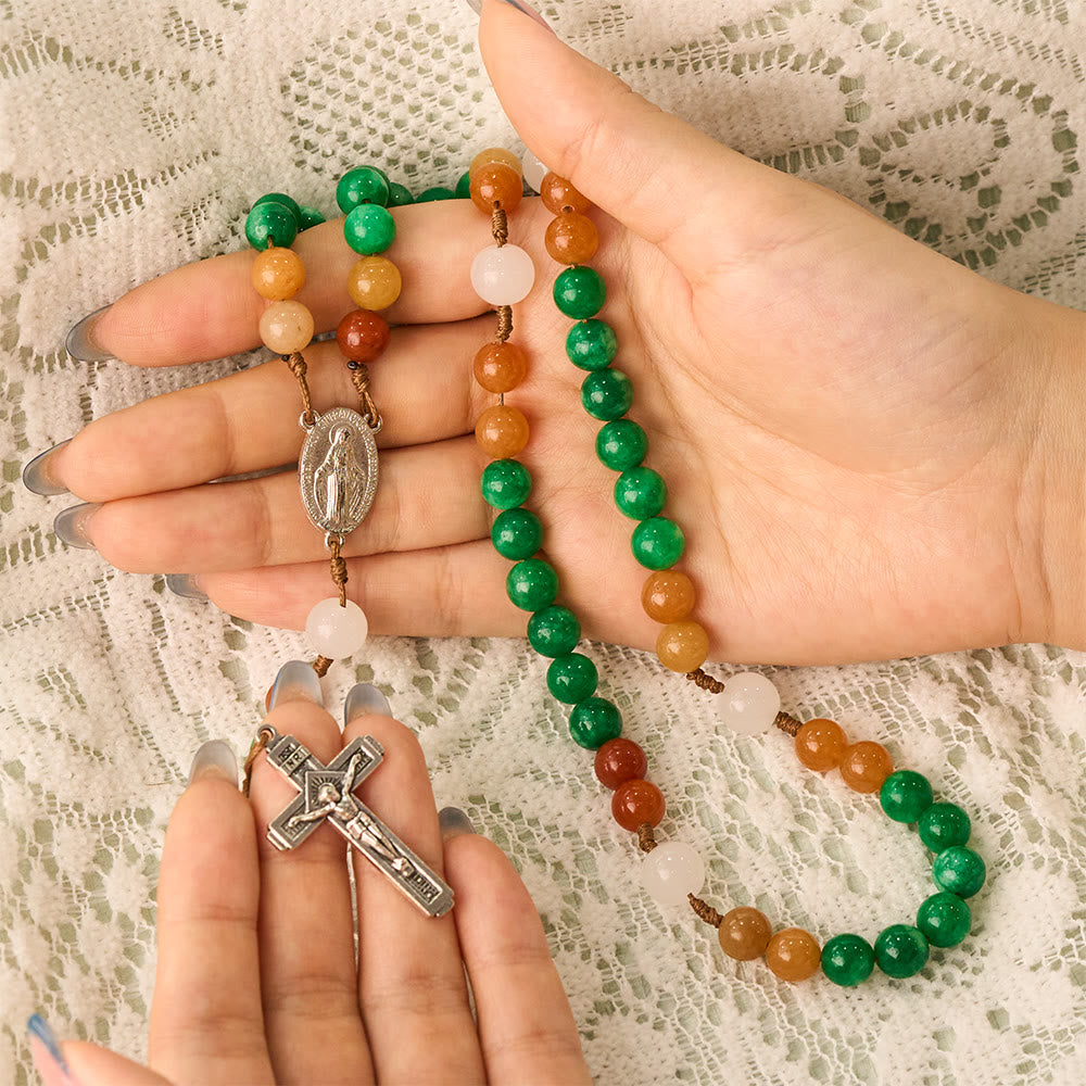 SolaceBeads Dry Green Jade &amp; Red Aventurine Rosary With Crucifix: Forest‑Toned Autumn Faith - image 1