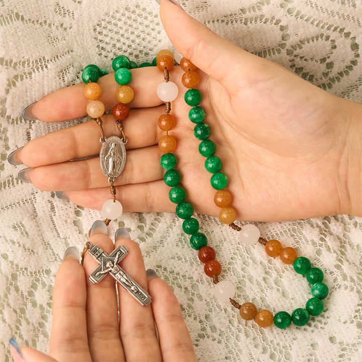 SolaceBeads Dry Green Jade &amp; Red Aventurine Rosary With Crucifix: Forest‑Toned Autumn Faith - image 1