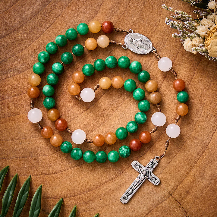 SolaceBeads Dry Green Jade &amp; Red Aventurine Rosary With Crucifix: Forest‑Toned Autumn Faith - ry Green Jade &amp; Red Aventurine - image 0