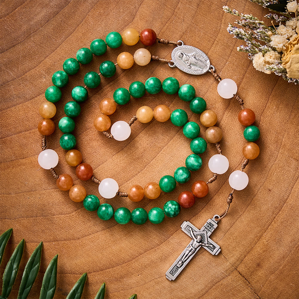 SolaceBeads Dry Green Jade & Red Aventurine Rosary With Crucifix: Forest‑Toned Autumn Faith - ry Green Jade & Red Aventurine - image 0