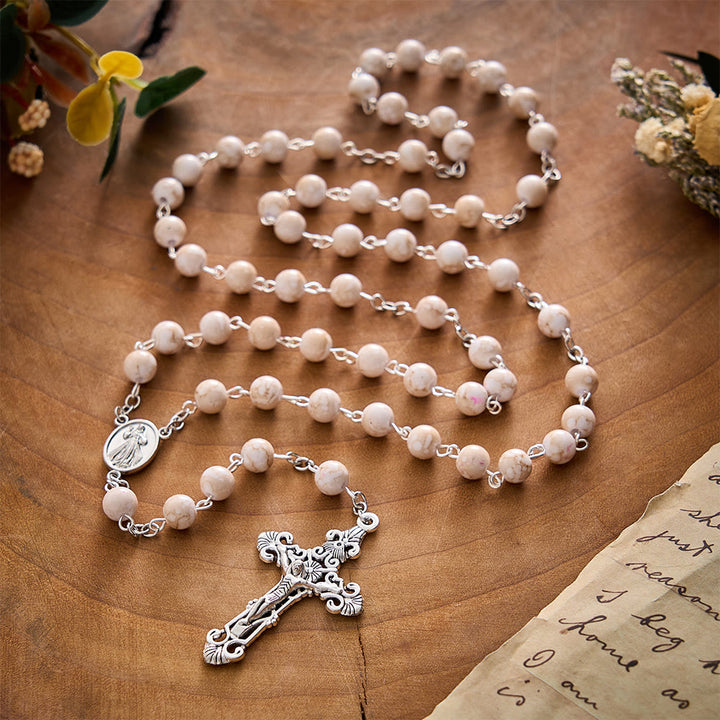 SolaceBeads Cream‑Red Marbled Ceramic Rosary With Divine Mercy Medal &amp; Crucifix: Soft Autumn Grace - image 8