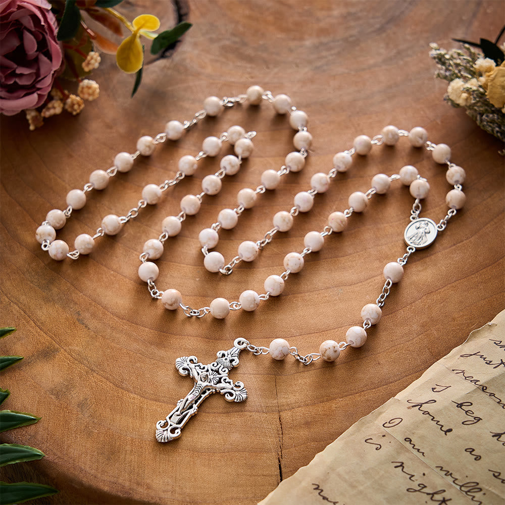 SolaceBeads Cream‑Red Marbled Ceramic Rosary With Divine Mercy Medal &amp; Crucifix: Soft Autumn Grace - image 9