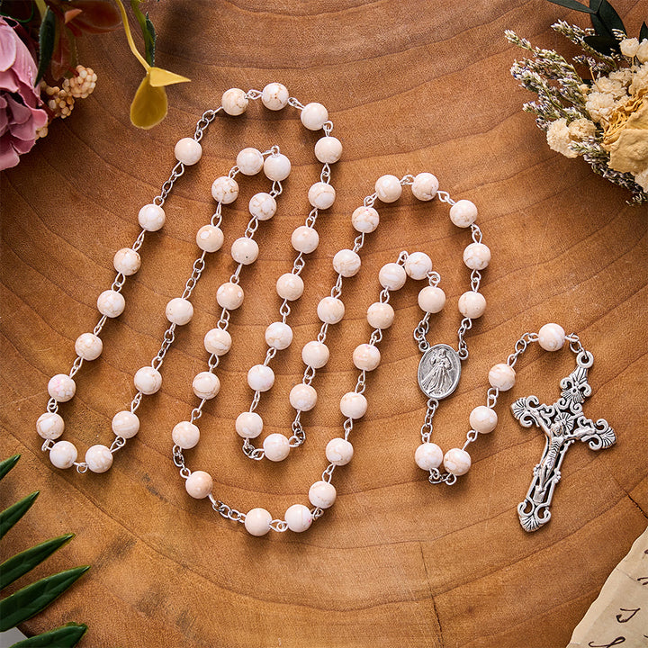 SolaceBeads Cream‑Red Marbled Ceramic Rosary With Divine Mercy Medal &amp; Crucifix: Soft Autumn Grace - Beige &amp; Red - image 0
