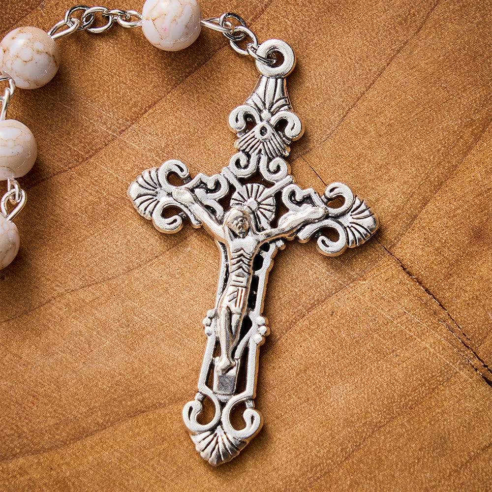 SolaceBeads Cream‑Red Marbled Ceramic Rosary With Divine Mercy Medal &amp; Crucifix: Soft Autumn Grace - image 4