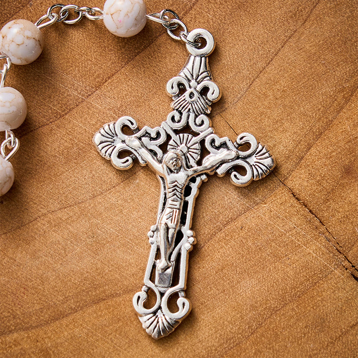 SolaceBeads Cream‑Red Marbled Ceramic Rosary With Divine Mercy Medal &amp; Crucifix: Soft Autumn Grace - image 4