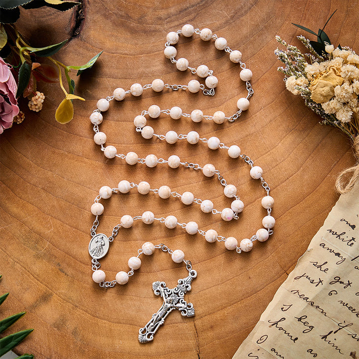SolaceBeads Cream‑Red Marbled Ceramic Rosary With Divine Mercy Medal &amp; Crucifix: Soft Autumn Grace - image 6