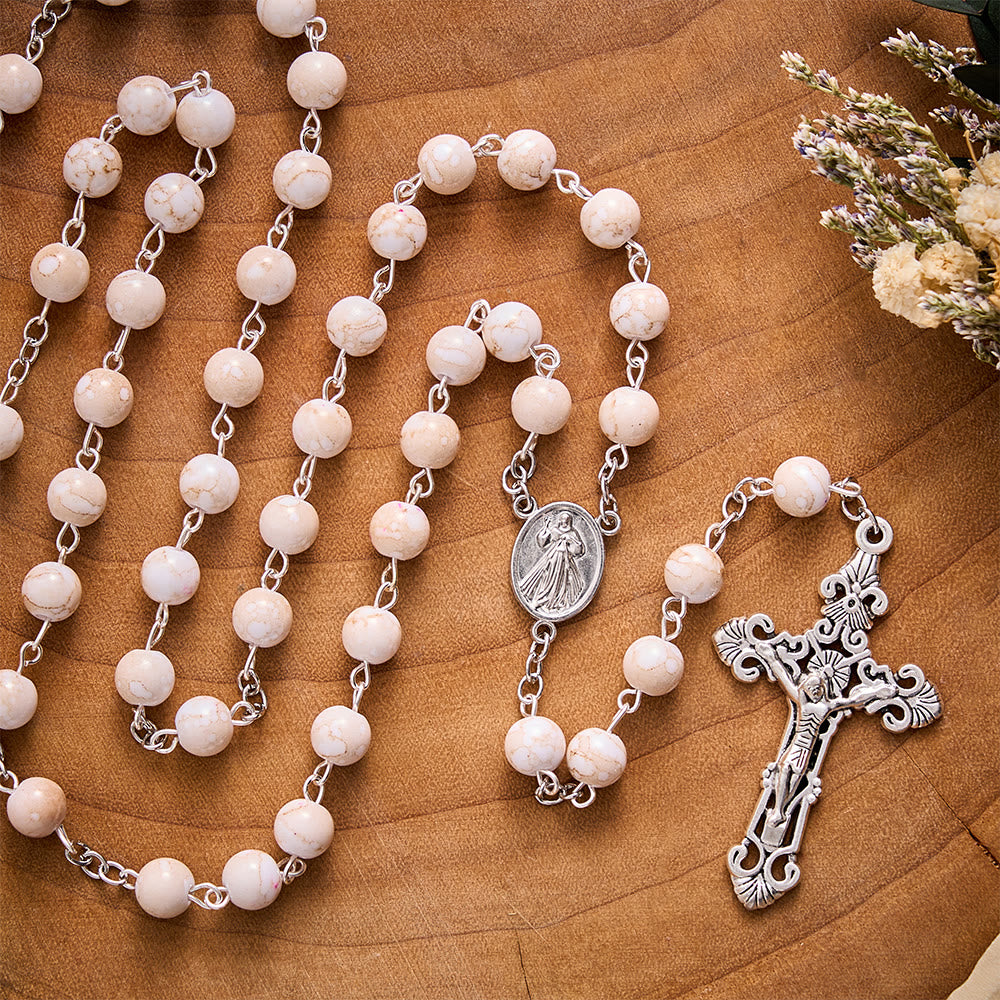 SolaceBeads Cream‑Red Marbled Ceramic Rosary With Divine Mercy Medal &amp; Crucifix: Soft Autumn Grace - image 5