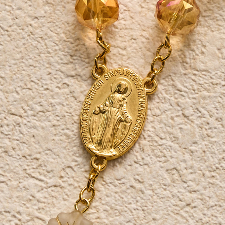 SolaceBeads Gold‑Rose Faceted Glass Rosary With Miraculous Medal &amp; Maple Beads: Glowing Autumn Grace - image 3