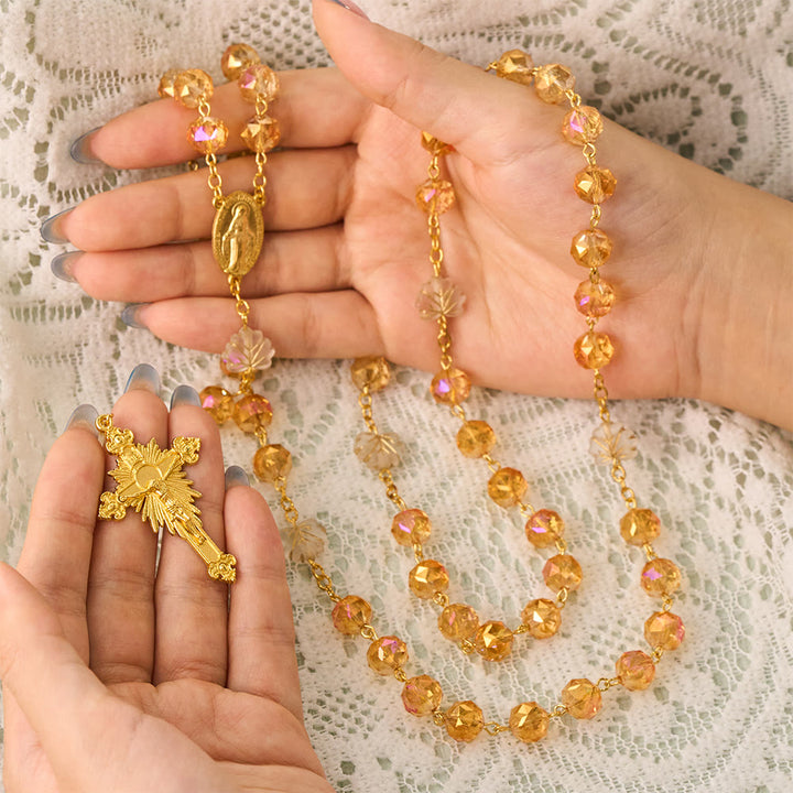 SolaceBeads Gold‑Rose Faceted Glass Rosary With Miraculous Medal &amp; Maple Beads: Glowing Autumn Grace - image 1