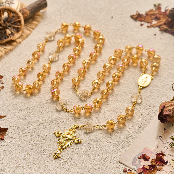 SolaceBeads Gold‑Rose Faceted Glass Rosary With Miraculous Medal &amp; Maple Beads: Glowing Autumn Grace - image 7