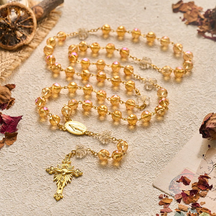SolaceBeads Gold‑Rose Faceted Glass Rosary With Miraculous Medal &amp; Maple Beads: Glowing Autumn Grace - image 9