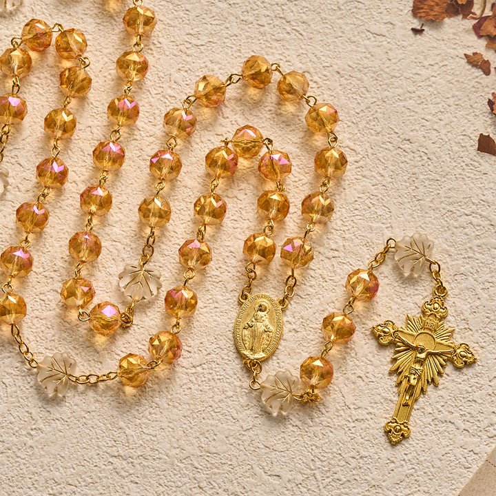 SolaceBeads Gold‑Rose Faceted Glass Rosary With Miraculous Medal &amp; Maple Beads: Glowing Autumn Grace - image 5