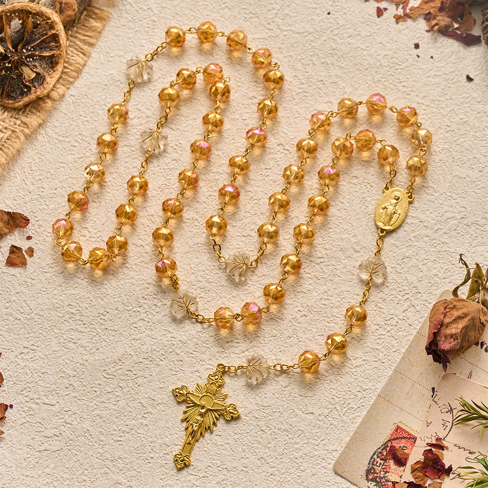 SolaceBeads Gold‑Rose Faceted Glass Rosary With Miraculous Medal &amp; Maple Beads: Glowing Autumn Grace - image 8