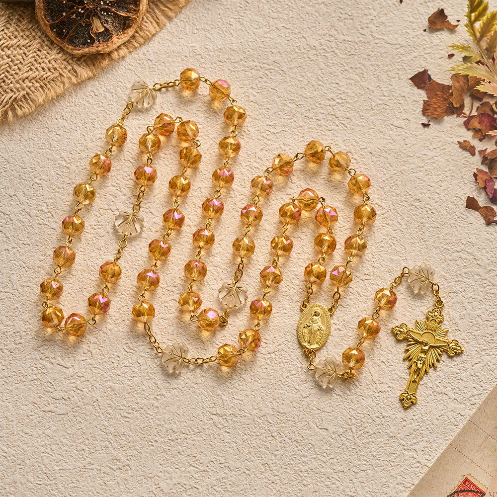 SolaceBeads Gold‑Rose Faceted Glass Rosary With Miraculous Medal &amp; Maple Beads: Glowing Autumn Grace - Golden Rose - image 0