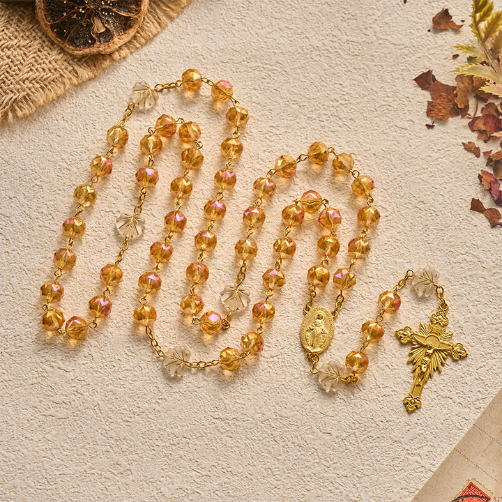 SolaceBeads Gold‑Rose Faceted Glass Rosary With Miraculous Medal &amp; Maple Beads: Glowing Autumn Grace - Golden Rose - image 0