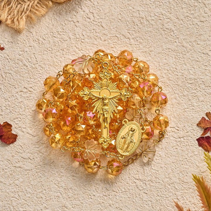 SolaceBeads Gold‑Rose Faceted Glass Rosary With Miraculous Medal &amp; Maple Beads: Glowing Autumn Grace - image 6