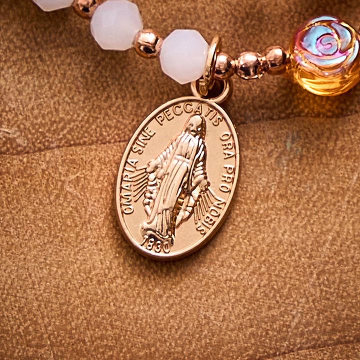 SolaceBeads White Crystal, Rose‑Red Rose Rosary Bracelet &amp; Miraculous Medal: Soft Autumn Devotion - image 2