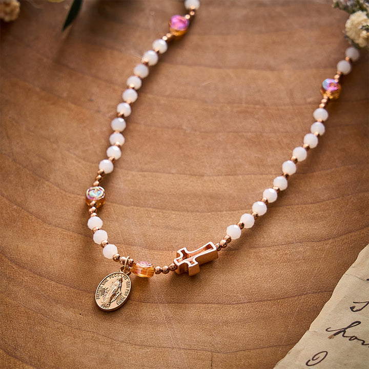 SolaceBeads White Crystal, Rose‑Red Rose Rosary Bracelet &amp; Miraculous Medal: Soft Autumn Devotion - image 4