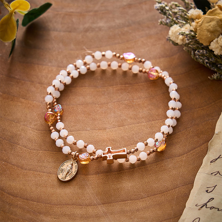 SolaceBeads White Crystal, Rose‑Red Rose Rosary Bracelet &amp; Miraculous Medal: Soft Autumn Devotion - White - image 0
